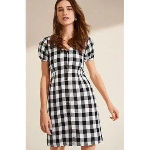 NWT LOFT Womens Dress 6 Black Gingham Button Front Shirt Short Sleeve Linen